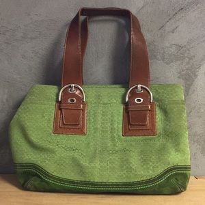 Green Coach Monogrammed Leather Buckle Handbag